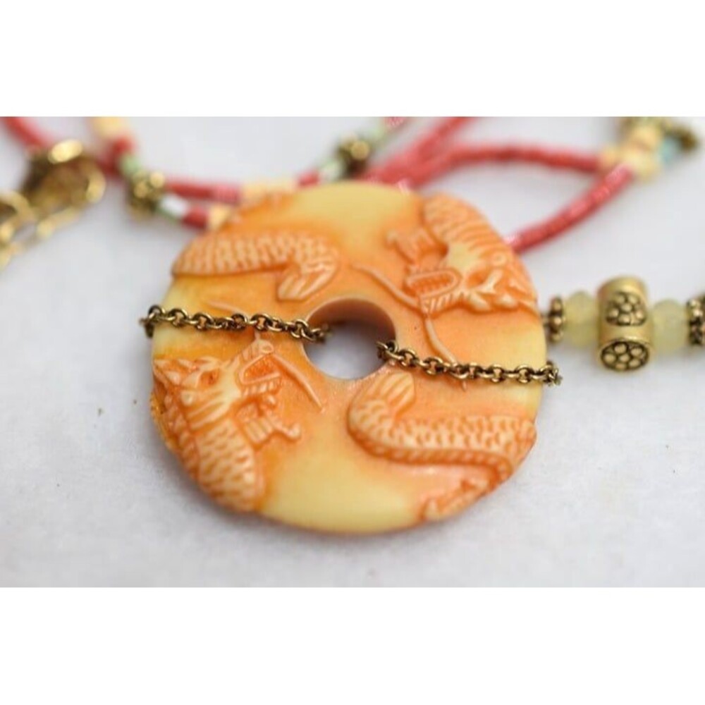 Artistic Carved Dragon Faux Jade Orange/Red Beaded Pendant Gold Tone18" Necklace